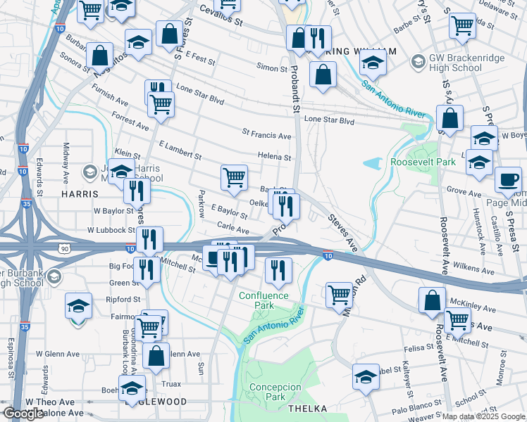 map of restaurants, bars, coffee shops, grocery stores, and more near 227 Oelkers in San Antonio