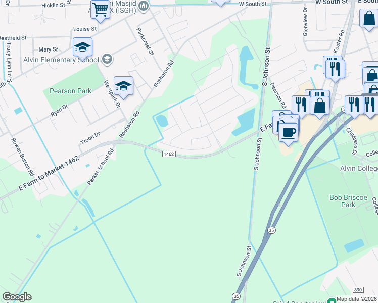 map of restaurants, bars, coffee shops, grocery stores, and more near 1259 Steed Bluff Drive in Alvin