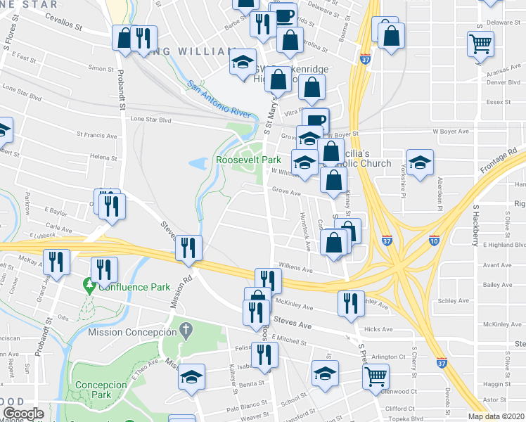 map of restaurants, bars, coffee shops, grocery stores, and more near 543 Roosevelt Avenue in San Antonio