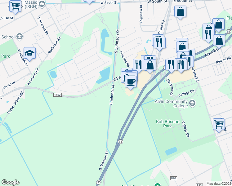 map of restaurants, bars, coffee shops, grocery stores, and more near 2701 South Johnson Street in Alvin