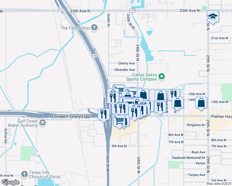 map of restaurants, bars, coffee shops, grocery stores, and more near 3505 Magnolia Street in Texas City
