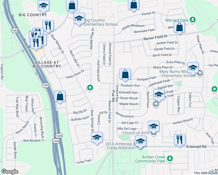 map of restaurants, bars, coffee shops, grocery stores, and more near 3002 Beacon Field Drive in San Antonio