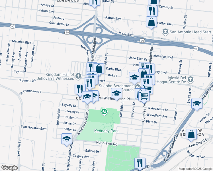 map of restaurants, bars, coffee shops, grocery stores, and more near 3147 Weir Avenue in San Antonio