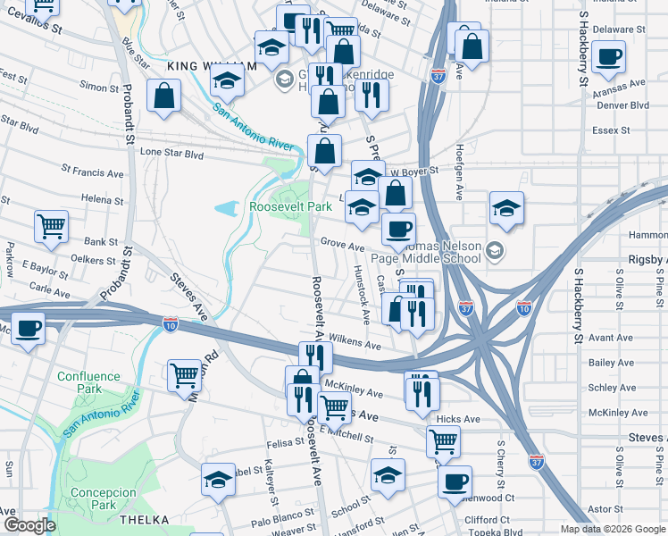 map of restaurants, bars, coffee shops, grocery stores, and more near 117 Haynes Avenue in San Antonio