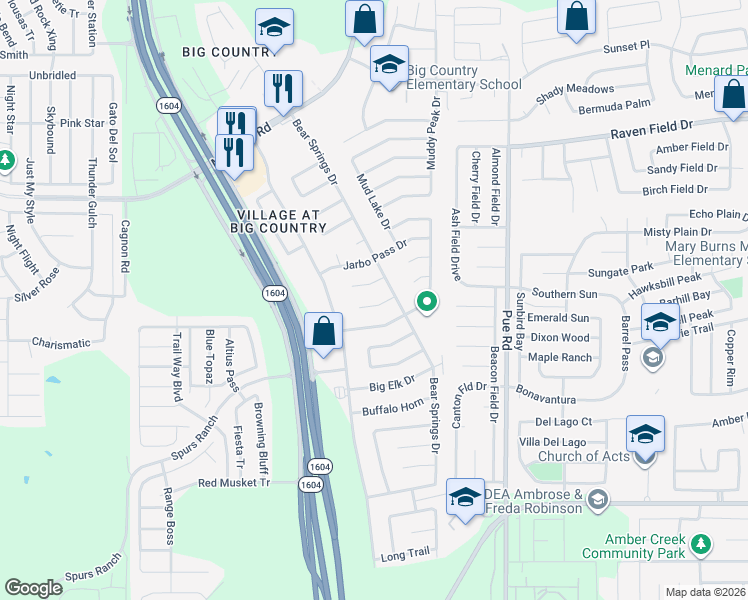 map of restaurants, bars, coffee shops, grocery stores, and more near 11424 Pine Mesa Drive in San Antonio