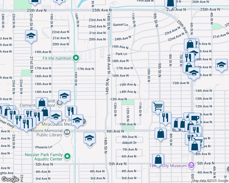 map of restaurants, bars, coffee shops, grocery stores, and more near 1401 13th Street North in Texas City