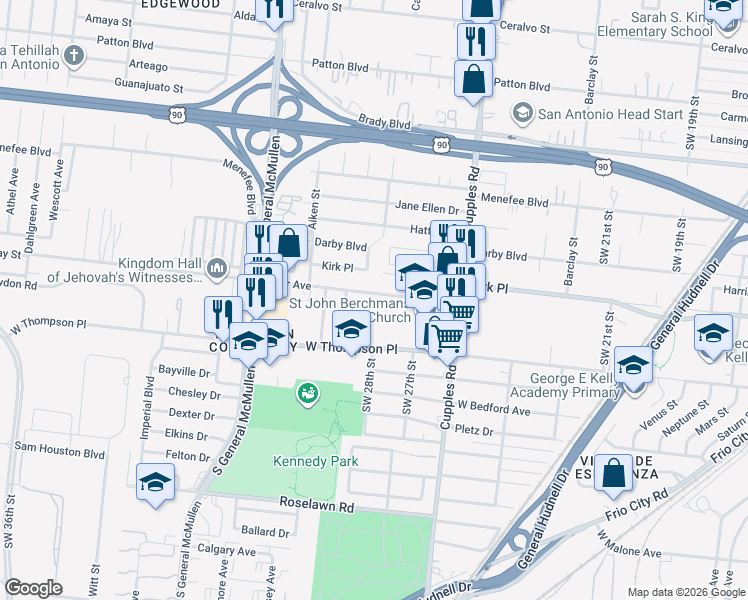 map of restaurants, bars, coffee shops, grocery stores, and more near 3026 Weir Avenue in San Antonio