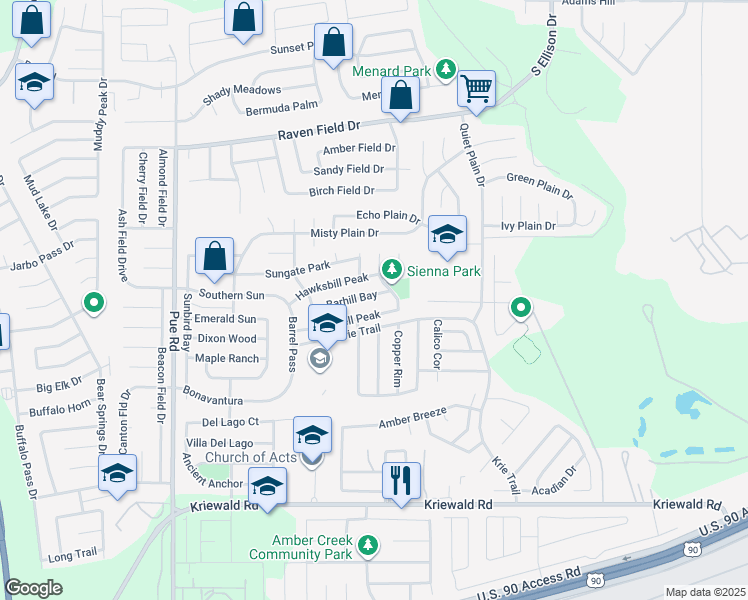 map of restaurants, bars, coffee shops, grocery stores, and more near 9811 Barhill Bay in San Antonio