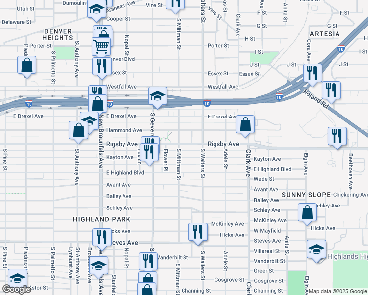 map of restaurants, bars, coffee shops, grocery stores, and more near 1011 Rigsby Avenue in San Antonio
