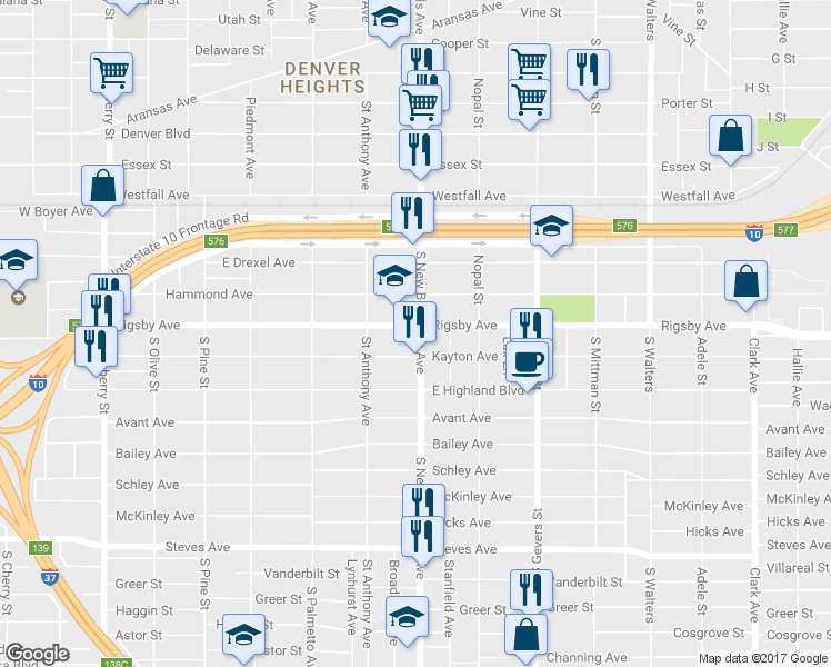 map of restaurants, bars, coffee shops, grocery stores, and more near 646 Rigsby Avenue in San Antonio
