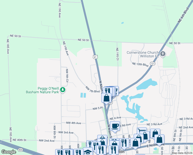 map of restaurants, bars, coffee shops, grocery stores, and more near 81 Northwest Williston Arms Drive in Williston