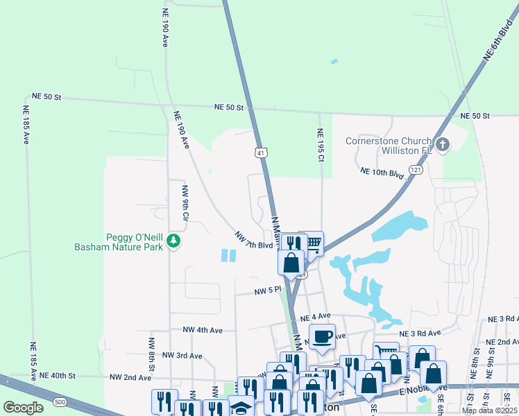 map of restaurants, bars, coffee shops, grocery stores, and more near 81 Northwest Williston Arms Drive in Williston