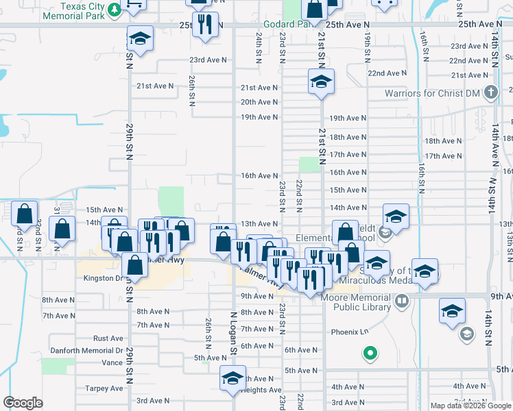 map of restaurants, bars, coffee shops, grocery stores, and more near 2320 14th Avenue North in Texas City