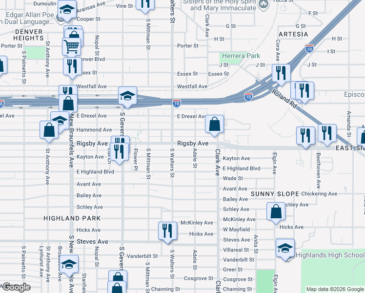 map of restaurants, bars, coffee shops, grocery stores, and more near 1131 Rigsby Avenue in San Antonio