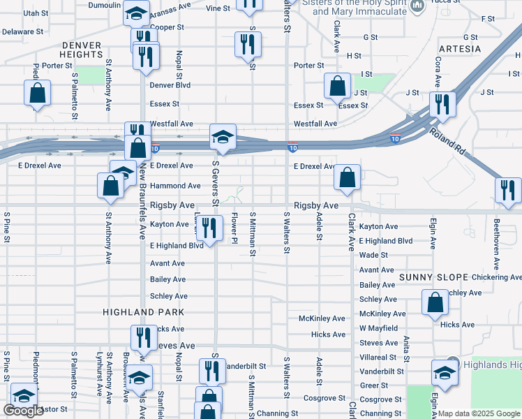 map of restaurants, bars, coffee shops, grocery stores, and more near 1011 Rigsby Avenue in San Antonio