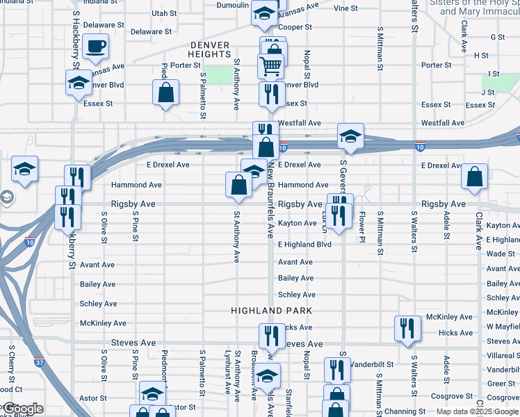 map of restaurants, bars, coffee shops, grocery stores, and more near 646 Rigsby Avenue in San Antonio