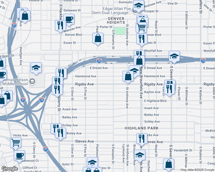 map of restaurants, bars, coffee shops, grocery stores, and more near 443 Rigsby Avenue in San Antonio