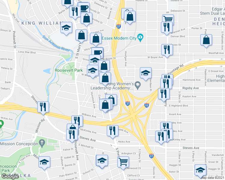map of restaurants, bars, coffee shops, grocery stores, and more near 204 Roseborough Street in San Antonio