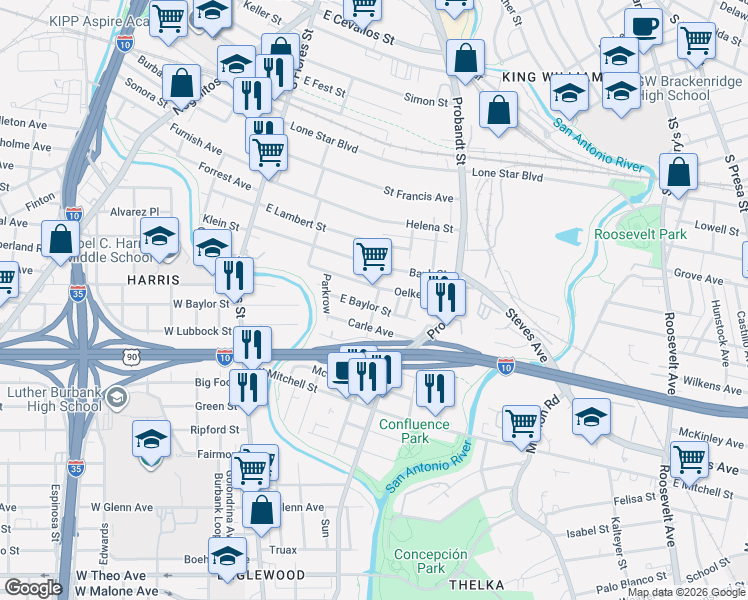 map of restaurants, bars, coffee shops, grocery stores, and more near 162 Oelkers in San Antonio