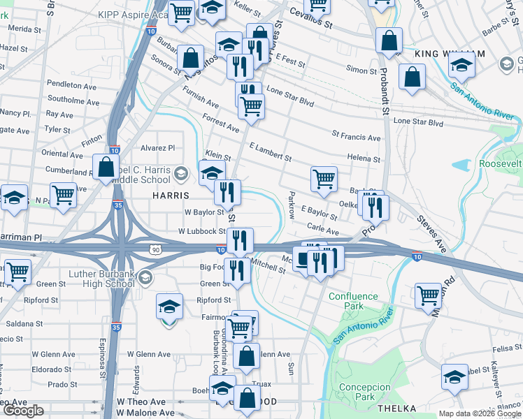 map of restaurants, bars, coffee shops, grocery stores, and more near 153 East Baylor in San Antonio