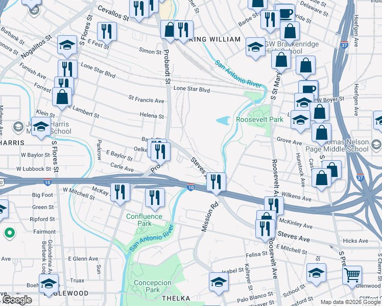 map of restaurants, bars, coffee shops, grocery stores, and more near 100 Gugert Avenue in San Antonio