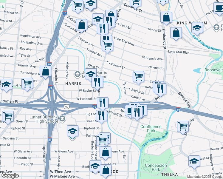map of restaurants, bars, coffee shops, grocery stores, and more near 153 East Baylor in San Antonio