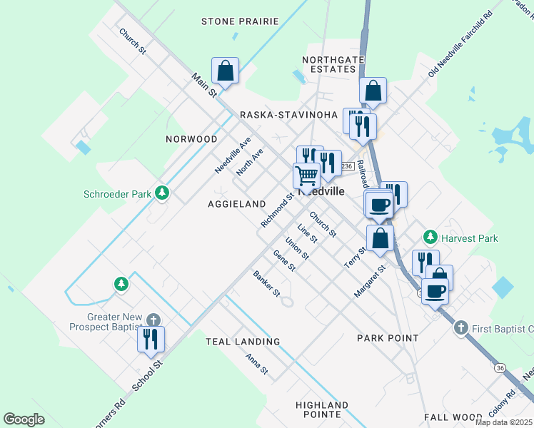 map of restaurants, bars, coffee shops, grocery stores, and more near 8817 Union Street in Needville