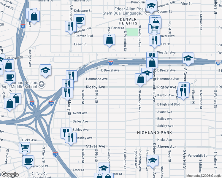 map of restaurants, bars, coffee shops, grocery stores, and more near 406 Rigsby Avenue in San Antonio