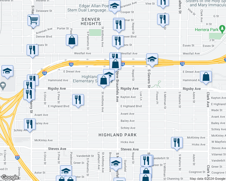 map of restaurants, bars, coffee shops, grocery stores, and more near 632 Rigsby Avenue in San Antonio