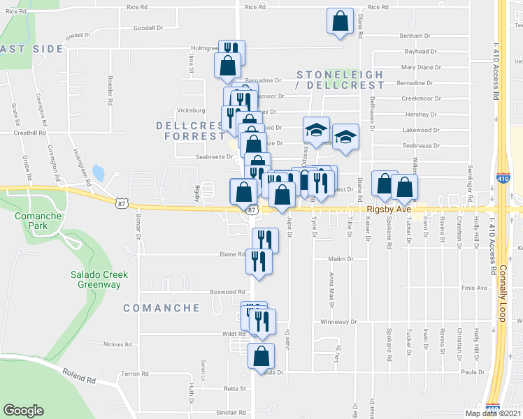 map of restaurants, bars, coffee shops, grocery stores, and more near 4000 U.S. 87 in San Antonio
