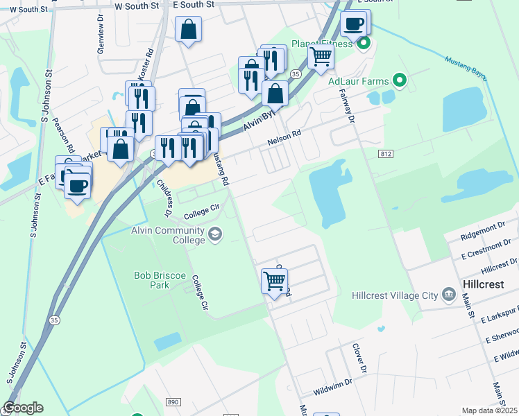 map of restaurants, bars, coffee shops, grocery stores, and more near 3075 Mustang Road in Alvin