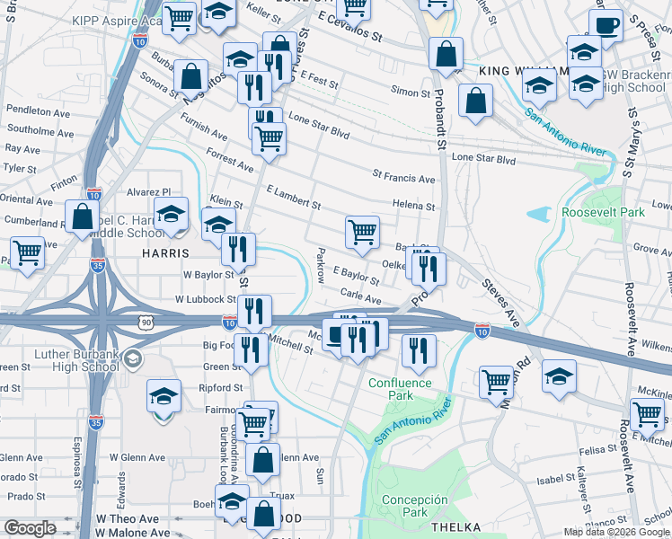 map of restaurants, bars, coffee shops, grocery stores, and more near 207 East Baylor in San Antonio