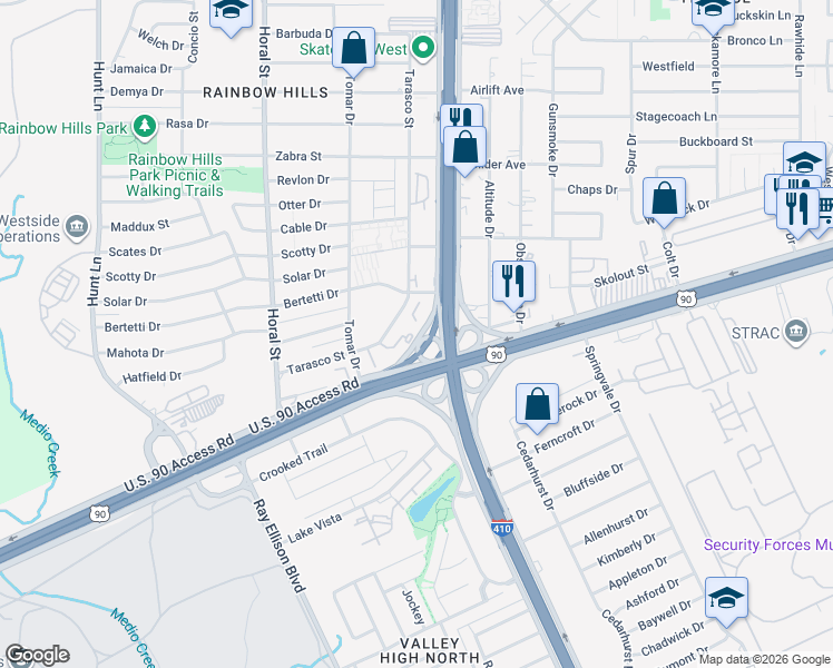 map of restaurants, bars, coffee shops, grocery stores, and more near 3053 Southwest Loop 410 in San Antonio