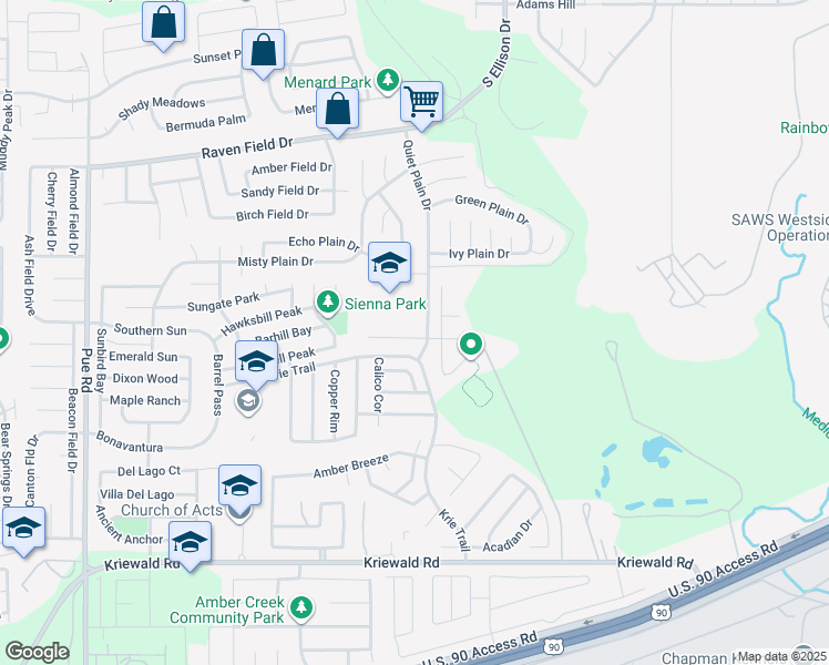 map of restaurants, bars, coffee shops, grocery stores, and more near 3111 Saylers Creek in San Antonio