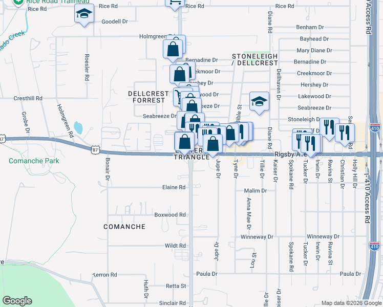 map of restaurants, bars, coffee shops, grocery stores, and more near Rigsby Avenue & South Ww White Road in San Antonio