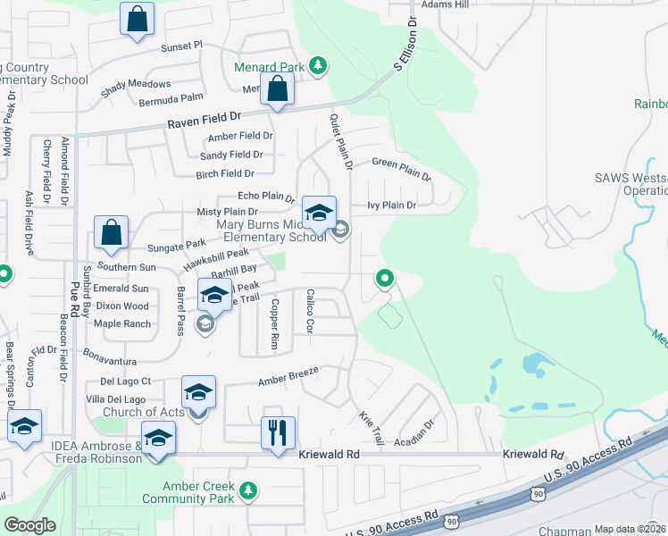 map of restaurants, bars, coffee shops, grocery stores, and more near 9935 Belmore Cove in San Antonio