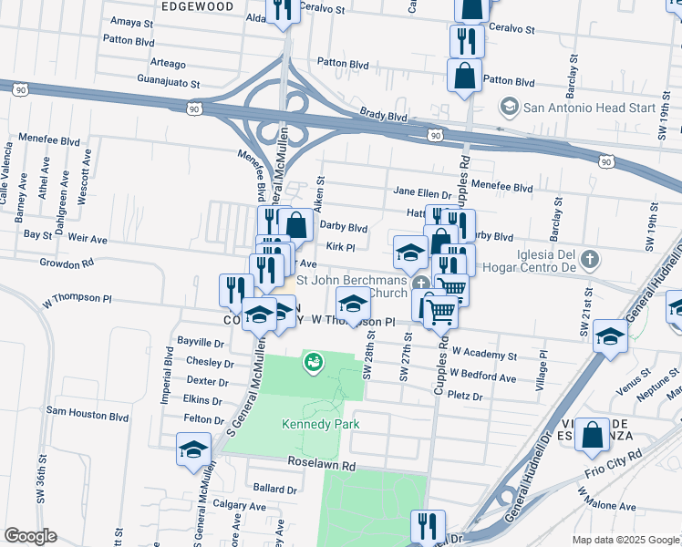 map of restaurants, bars, coffee shops, grocery stores, and more near 3110 Weir Avenue in San Antonio