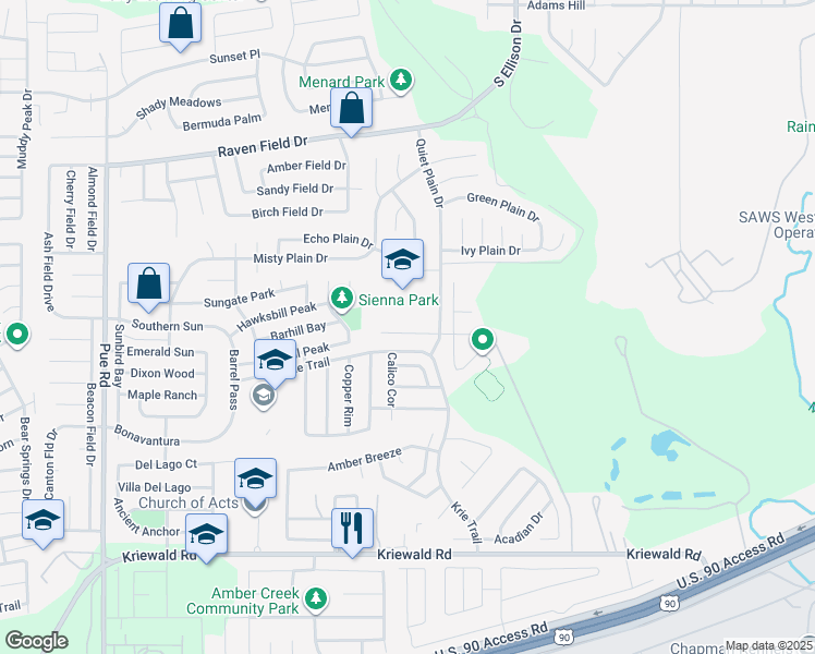 map of restaurants, bars, coffee shops, grocery stores, and more near 9935 Belmore Cove in San Antonio