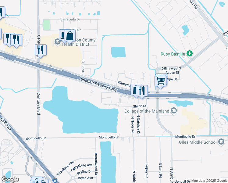 map of restaurants, bars, coffee shops, grocery stores, and more near 8809 Emmett F Lowry Expressway in Texas City