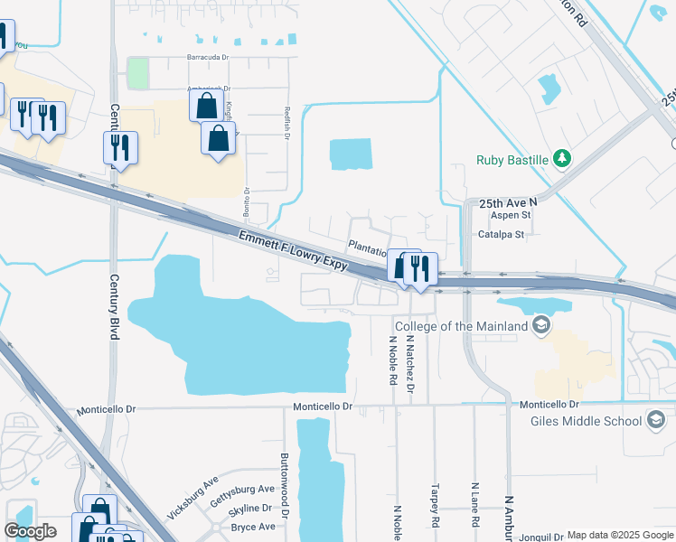 map of restaurants, bars, coffee shops, grocery stores, and more near 8810 Emmett F Lowry Expressway in Texas City