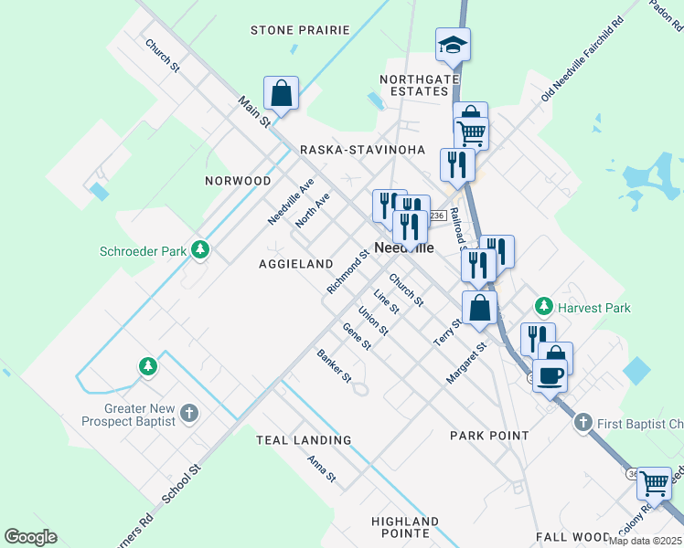 map of restaurants, bars, coffee shops, grocery stores, and more near 8817 Union Street in Needville
