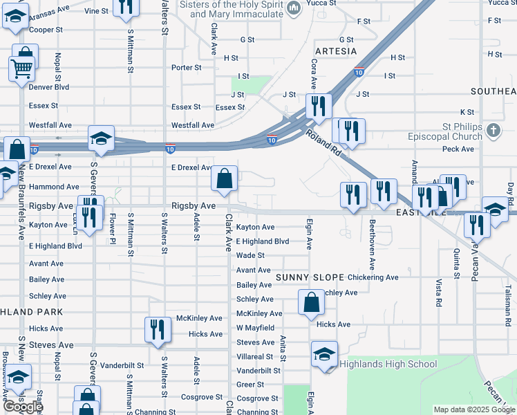 map of restaurants, bars, coffee shops, grocery stores, and more near 53 Hallie Avenue in San Antonio