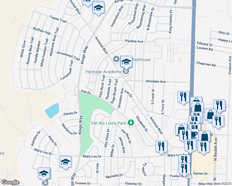map of restaurants, bars, coffee shops, grocery stores, and more near 112 Sage Brush Trail in Del Rio
