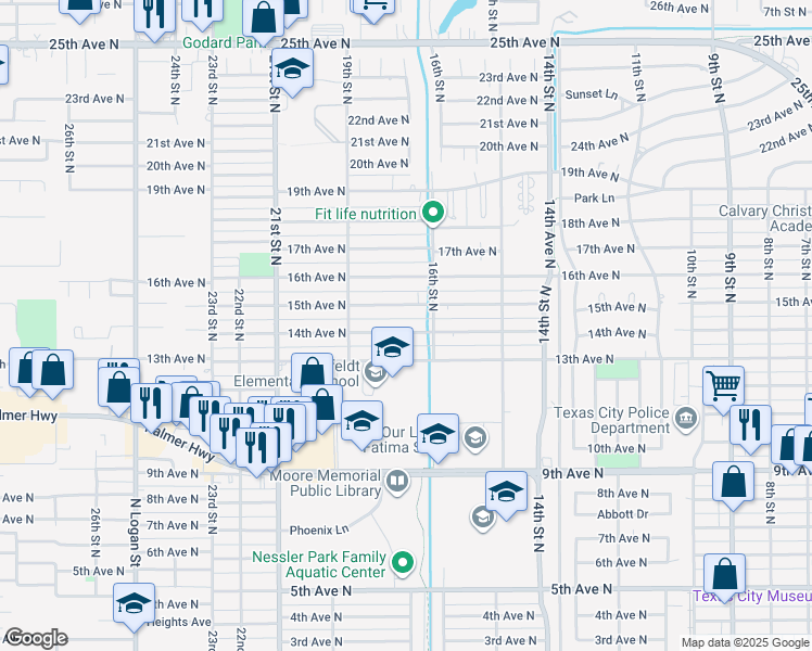 map of restaurants, bars, coffee shops, grocery stores, and more near 1614 14th Avenue North in Texas City