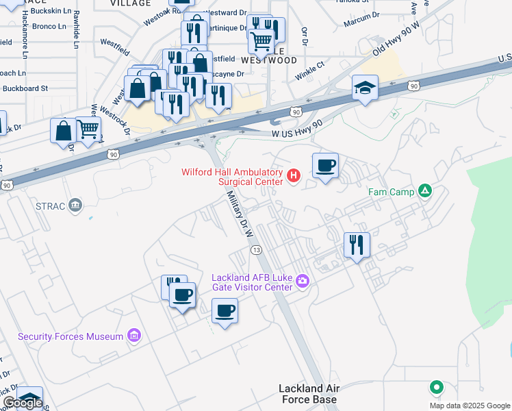 map of restaurants, bars, coffee shops, grocery stores, and more near Bergquist Drive in Bexar County