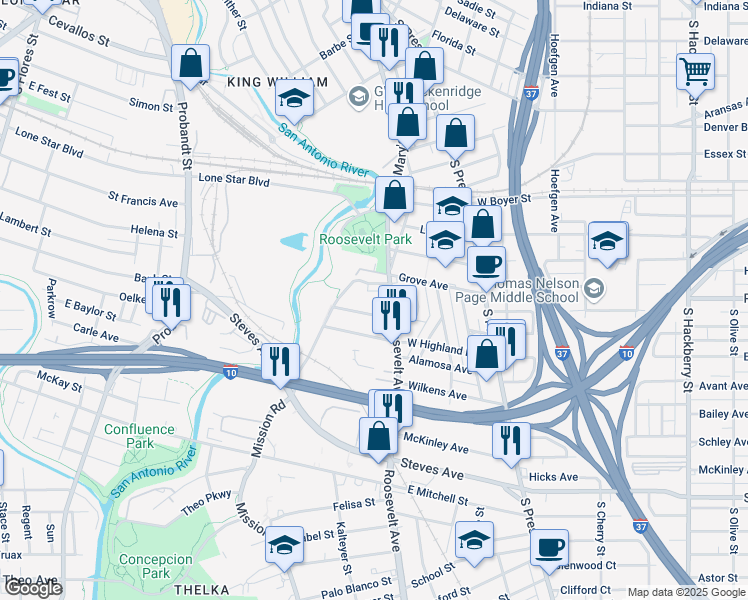 map of restaurants, bars, coffee shops, grocery stores, and more near 543 Roosevelt Avenue in San Antonio
