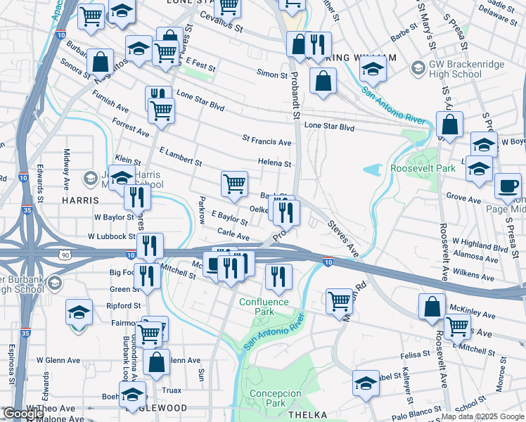 map of restaurants, bars, coffee shops, grocery stores, and more near 227 Oelkers in San Antonio