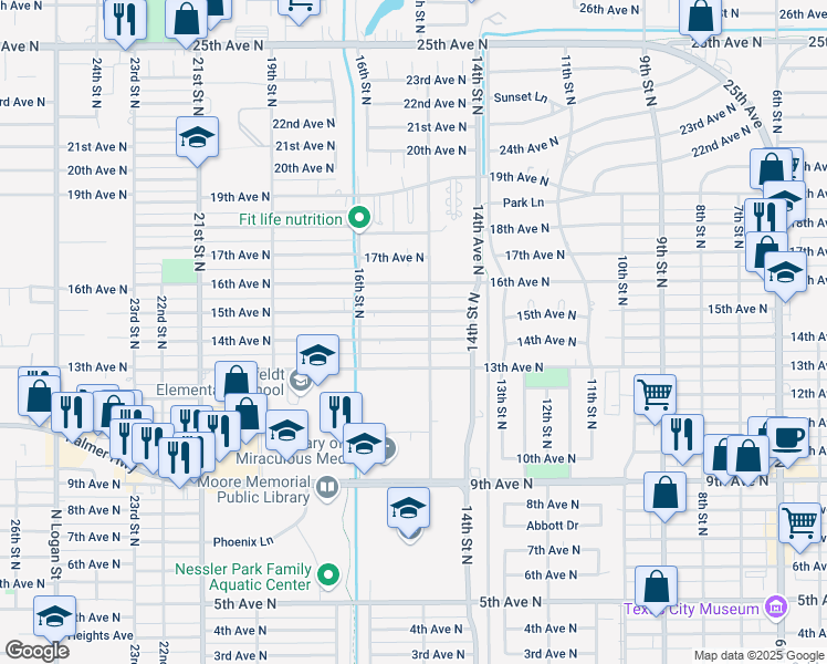 map of restaurants, bars, coffee shops, grocery stores, and more near 1510 14th Avenue North in Texas City