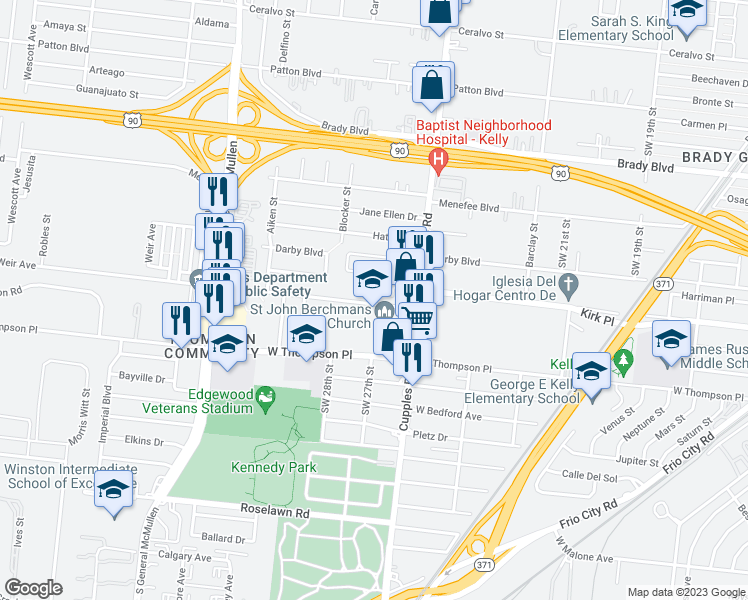 map of restaurants, bars, coffee shops, grocery stores, and more near 2947 Weir Avenue in San Antonio
