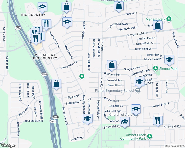 map of restaurants, bars, coffee shops, grocery stores, and more near 2961 Ash Field Drive in San Antonio